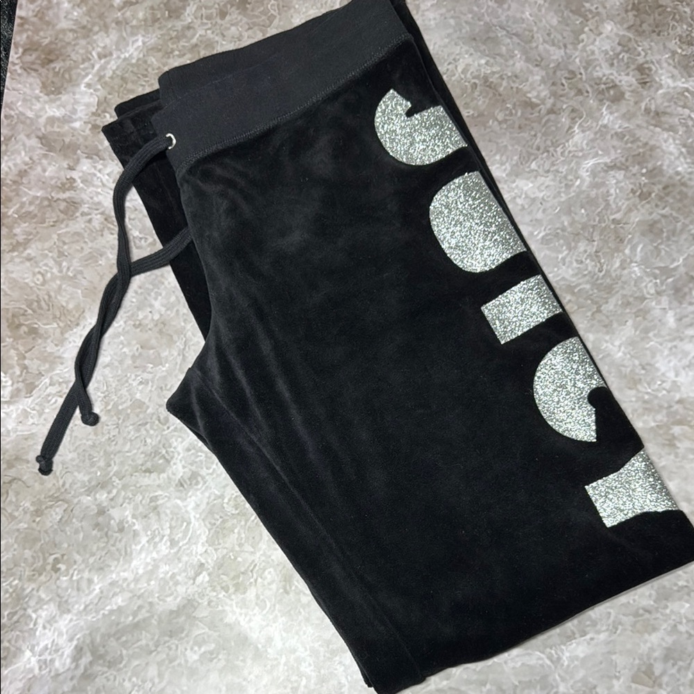 Juicy Couture Black Glitter Logo Velour Pants Size M